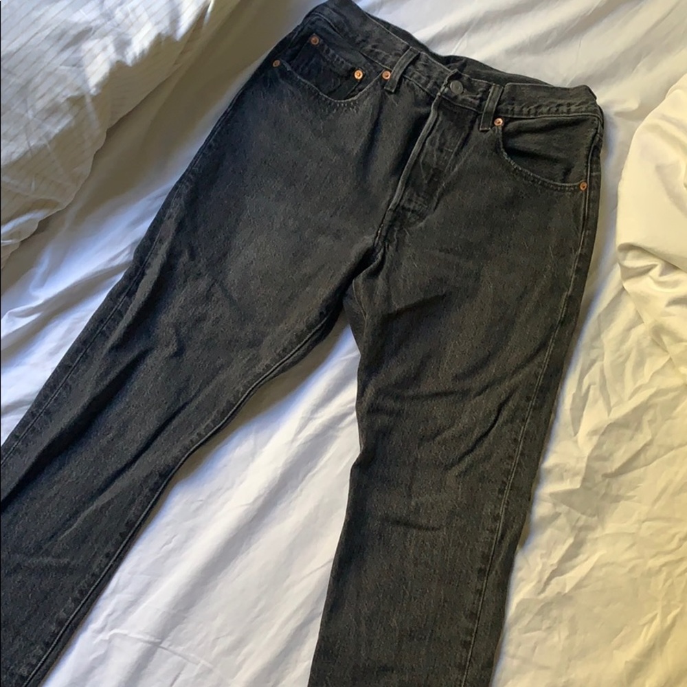 dark grey levi’s 501’s with fringe bottoms!